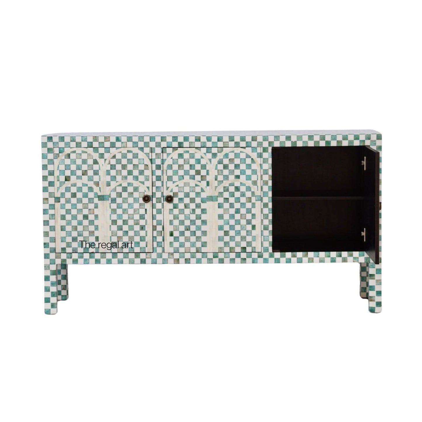 Patterned cabinet with a black door on a white background
