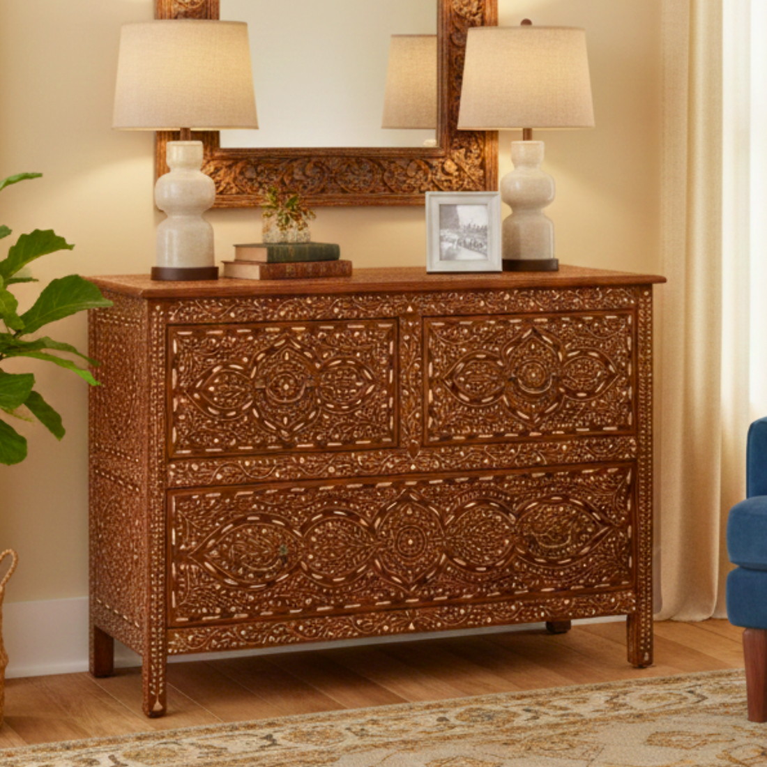 Handmade Bone Inlay Chest of Drawers – 3-Drawer Solid Teak Wood Dresser by The Regal Art