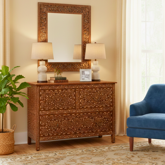 Handmade Bone Inlay Chest of Drawers – 3-Drawer Solid Teak Wood Dresser by The Regal Art