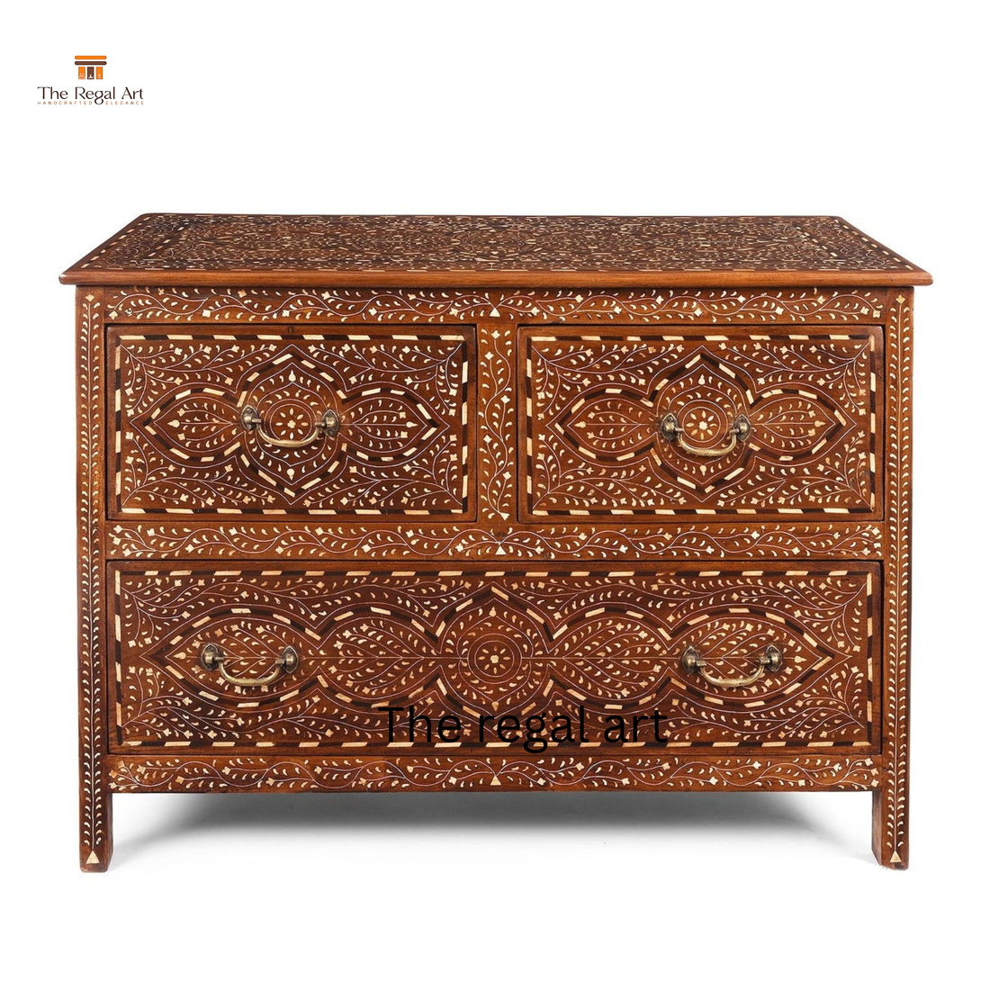 Handmade Bone Inlay Chest of Drawers – 3-Drawer Solid Teak Wood Dresser by The Regal Art