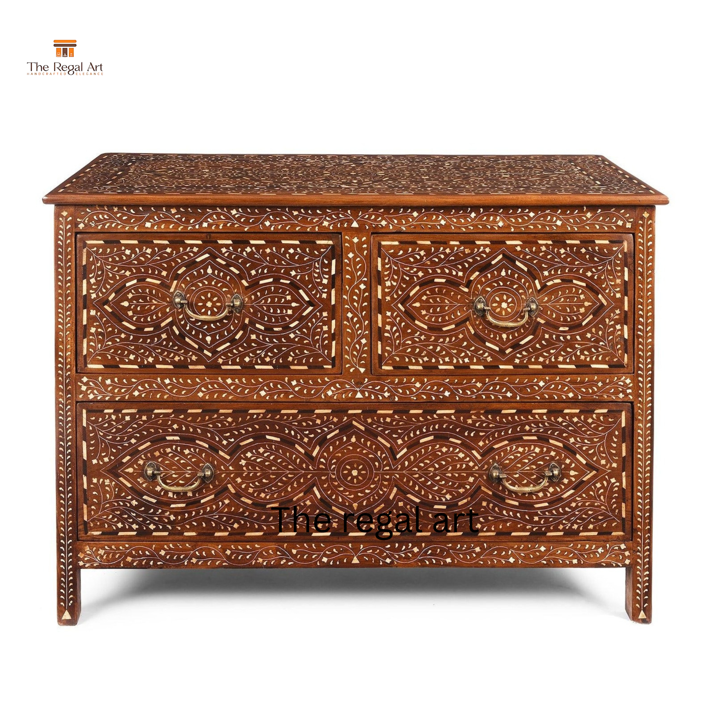 Rectangle Pattern Bone Inlay Dresser – Luxury Teak Wood Storage Chest for Bedroom