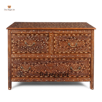 Rectangle Pattern Bone Inlay Dresser – Luxury Teak Wood Storage Chest for Bedroom