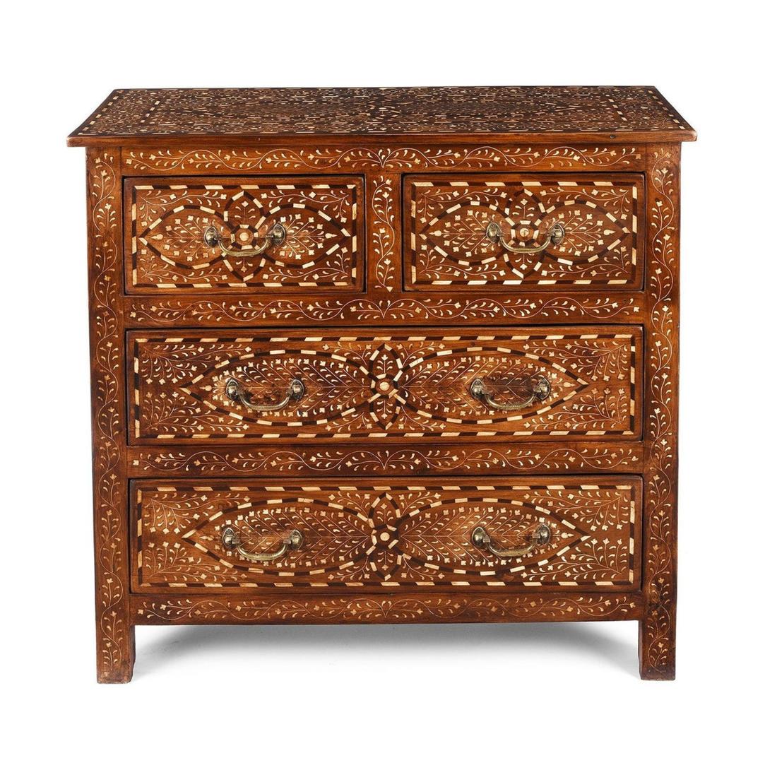 Bone Inlay Chest of Drawers – Vintage Teak Wood Cabinet with Brass Handles