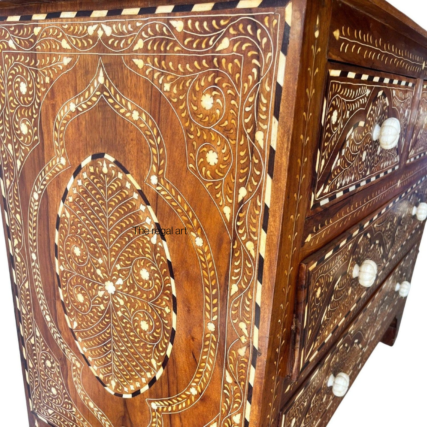Artisan Bone Inlay Furniture – Handmade Teak Wood Chest of Drawers
