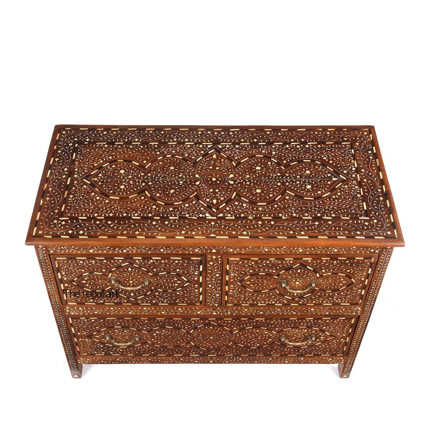 Solid Teak Wood Bone Inlay Dresser – Handmade 3 Drawer Storage Cabinet