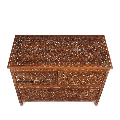 Solid Teak Wood Bone Inlay Dresser – Handmade 3 Drawer Storage Cabinet