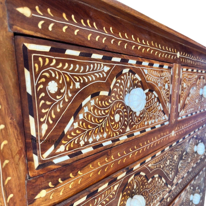Handmade Bone Inlay Chest of Drawers: Solid Teak Wood Dresser