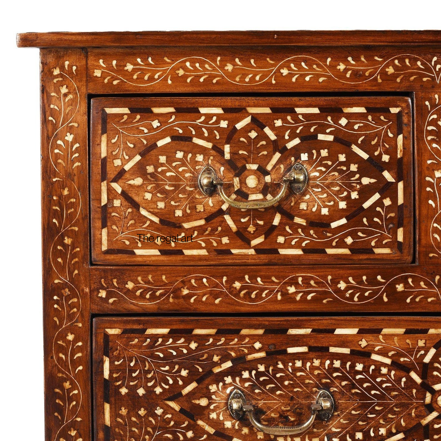 Bone Inlay Chest of Drawers: Vintage Teak Wood Cabinet with Brass Handles