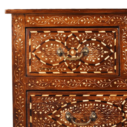 Bone Inlay Chest of Drawers: Vintage Teak Wood Cabinet with Brass Handles