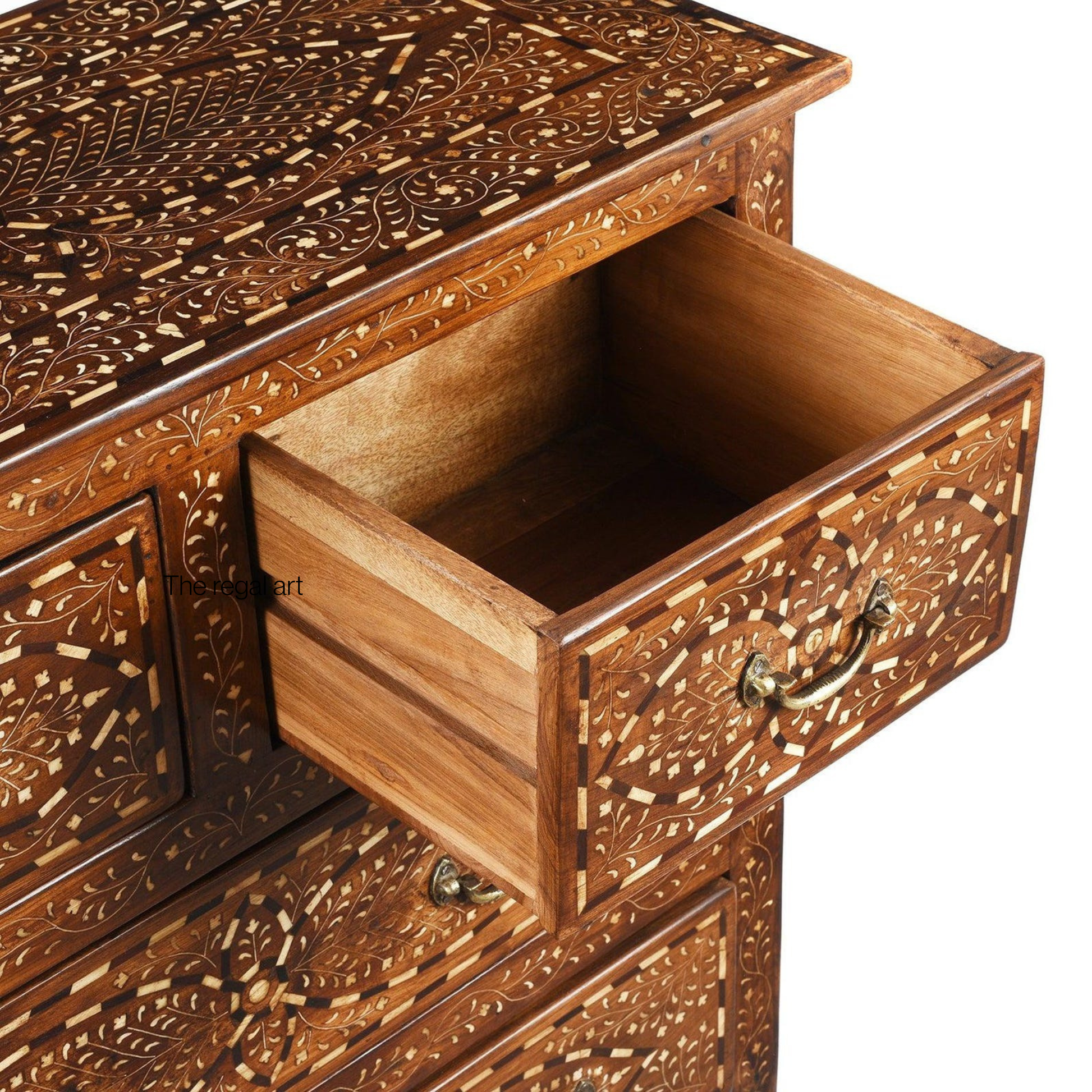 Handcrafted Bone Inlay Cabinet – Teak Wood Chest of Drawers