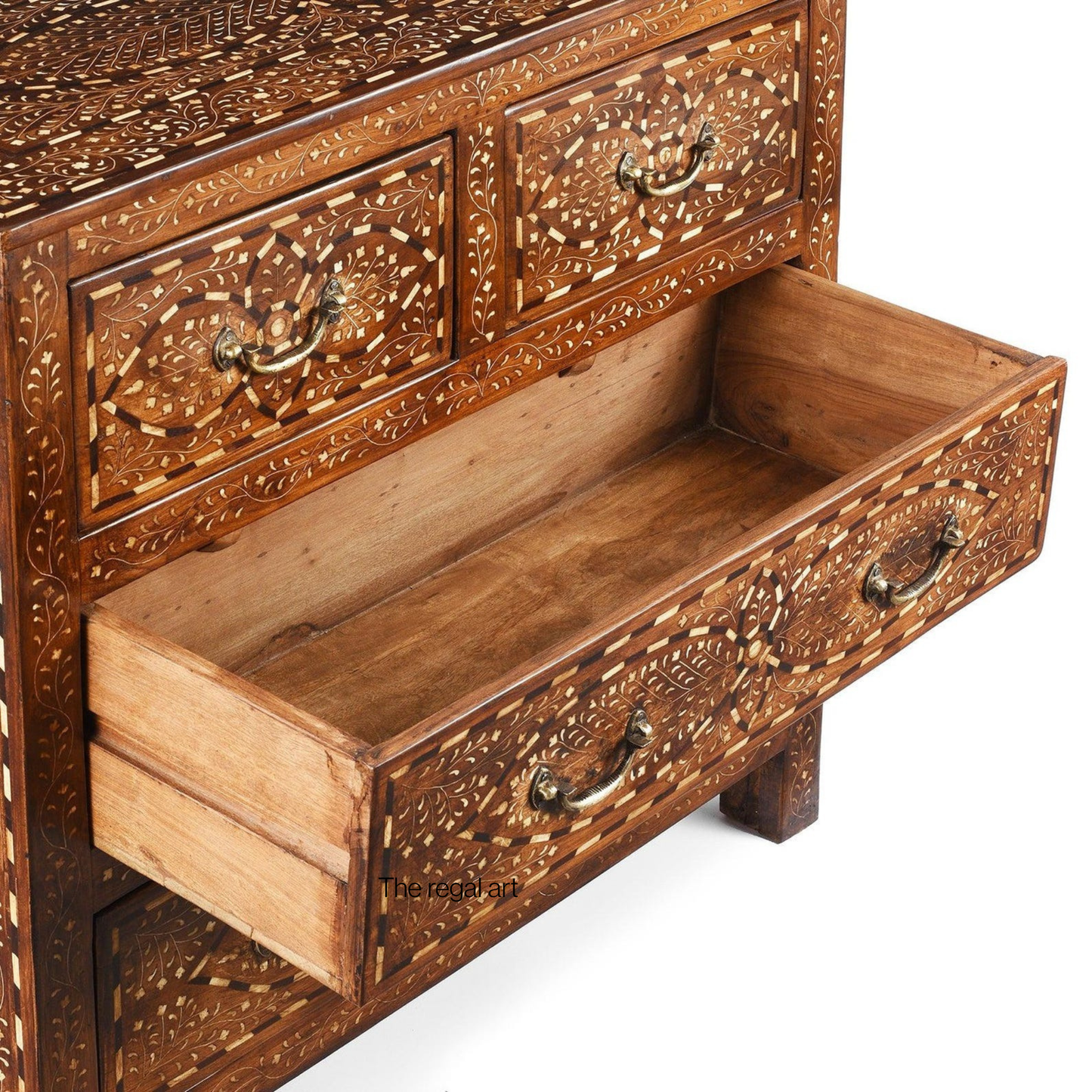 Teak Wood Bone Inlay Furniture – Vintage Chest with Brass Handles”

“The Regal Art Bone Inlay Dresser – Premium Teak Wood Cabinet