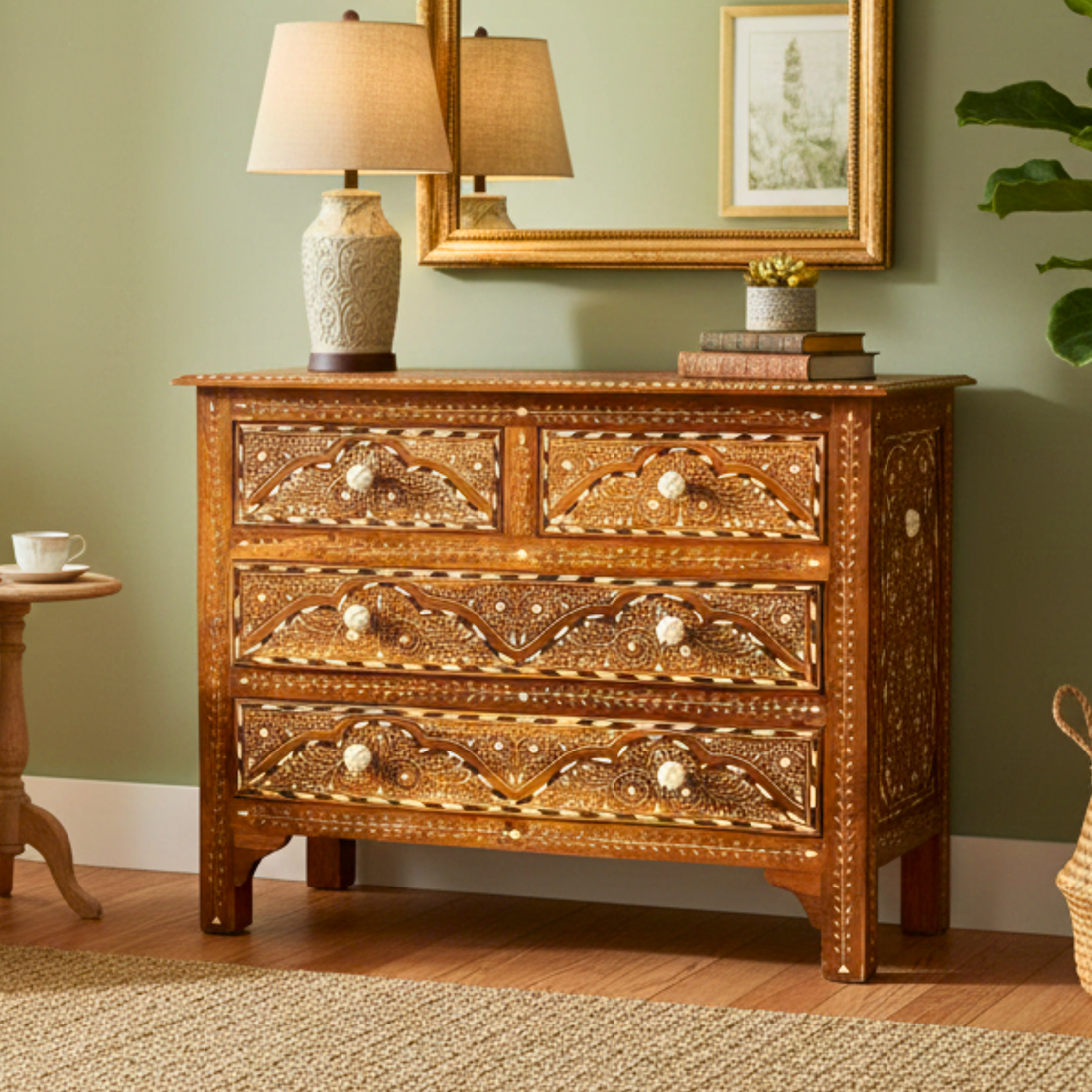 Handmade Bone Inlay Chest of Drawers – Solid Teak Wood 4-Drawer Dresser