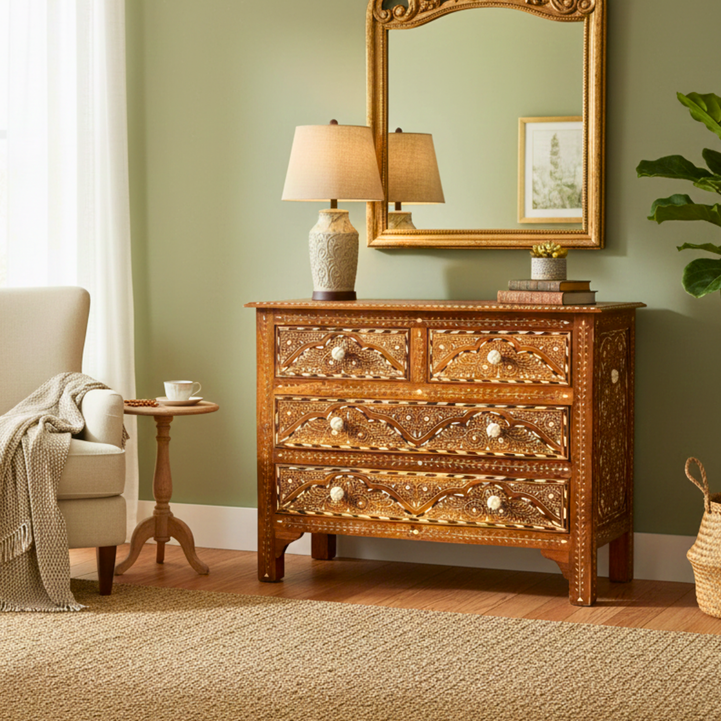 Handmade Bone Inlay Chest of Drawers – Solid Teak Wood 4-Drawer Dresser