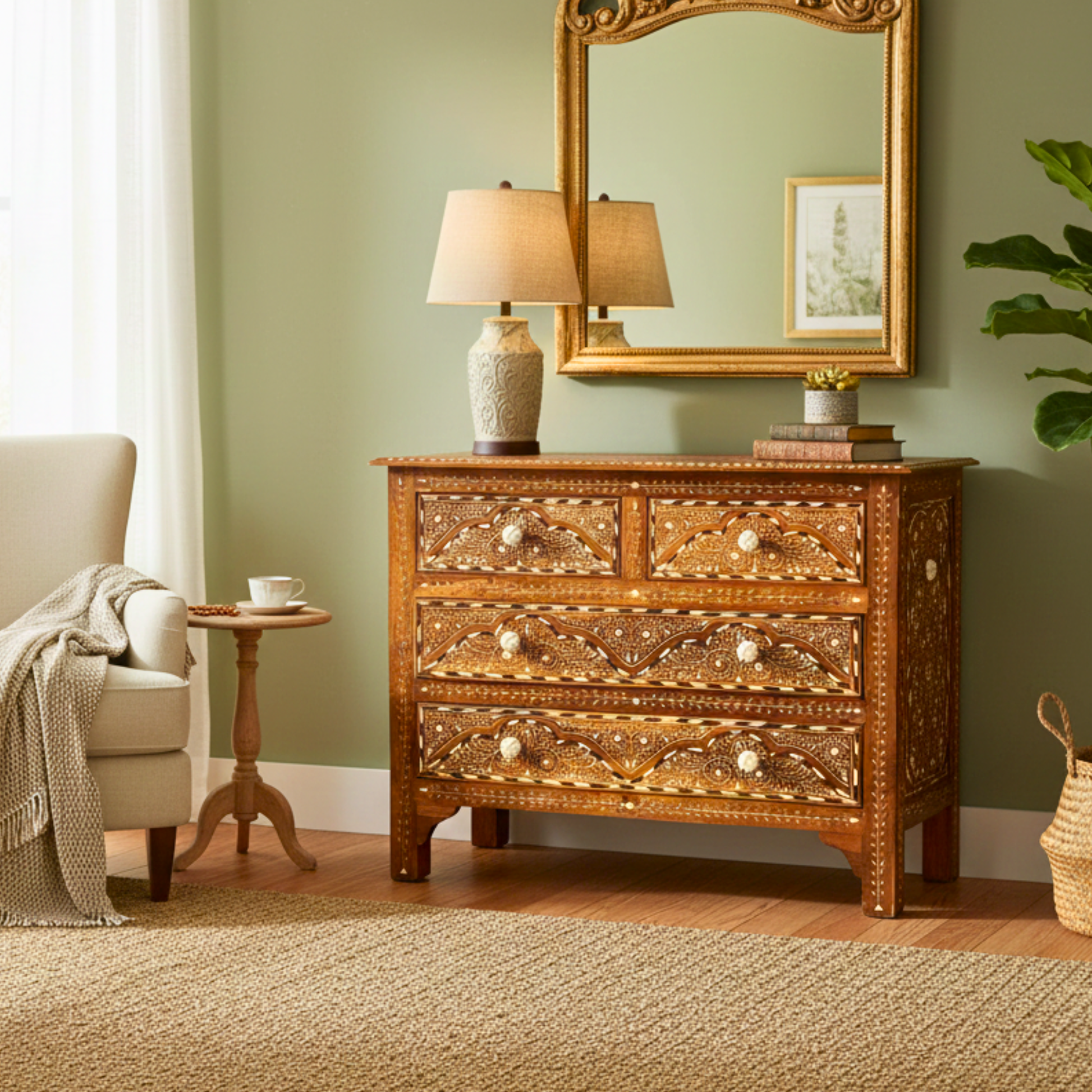 Handmade Bone Inlay Chest of Drawers – Solid Teak Wood 4-Drawer Dresser