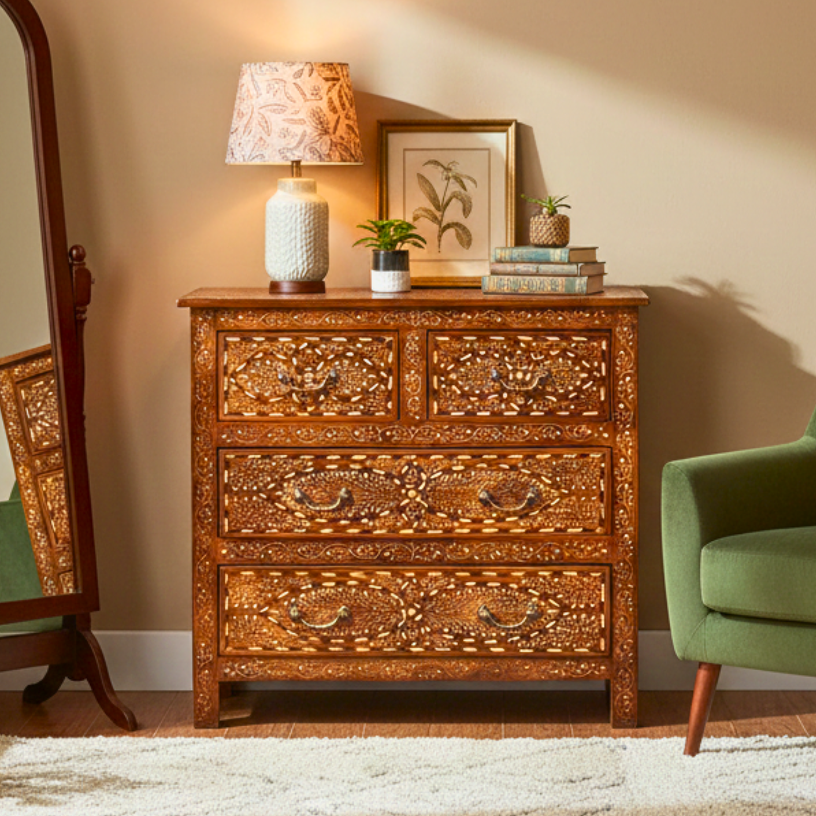 Bone Inlay Chest of Drawers – Vintage Teak Wood Cabinet with Brass Handles
