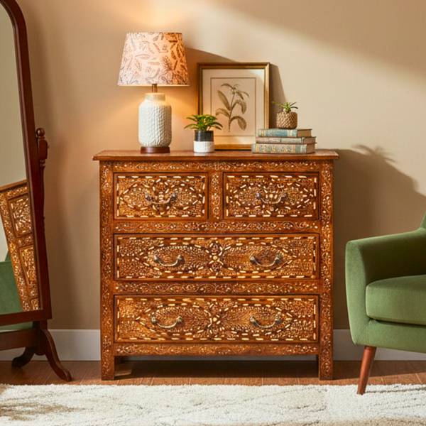 Bone Inlay Chest | Vintage Teak Cabinet with Brass Handles