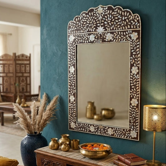Mother of Pearl Wall Mirror Frame with Floral Pattern Bedroom Home Decor Mirror